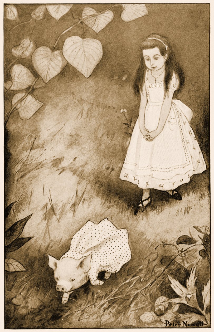 「だから彼女は小さな生き物を倒した」、ルイス・キャロルの「アリスの冒険」のイラスト、1901 作： ピーター・ニューウェル