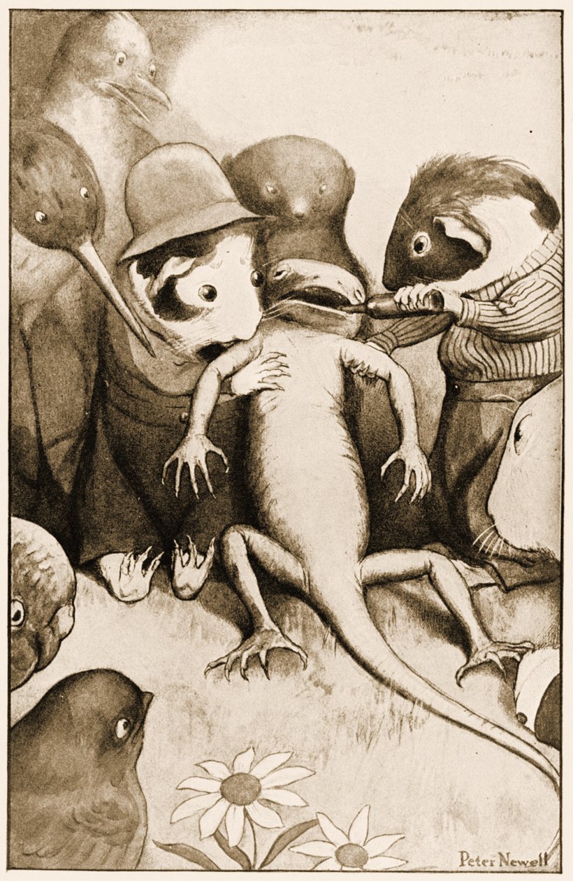 かわいそうなトカゲビルは途中で支えられていました。1901年のルイスキャロルアリスアドベンチャーのイラスト、1901年 作： ピーター・ニューウェル