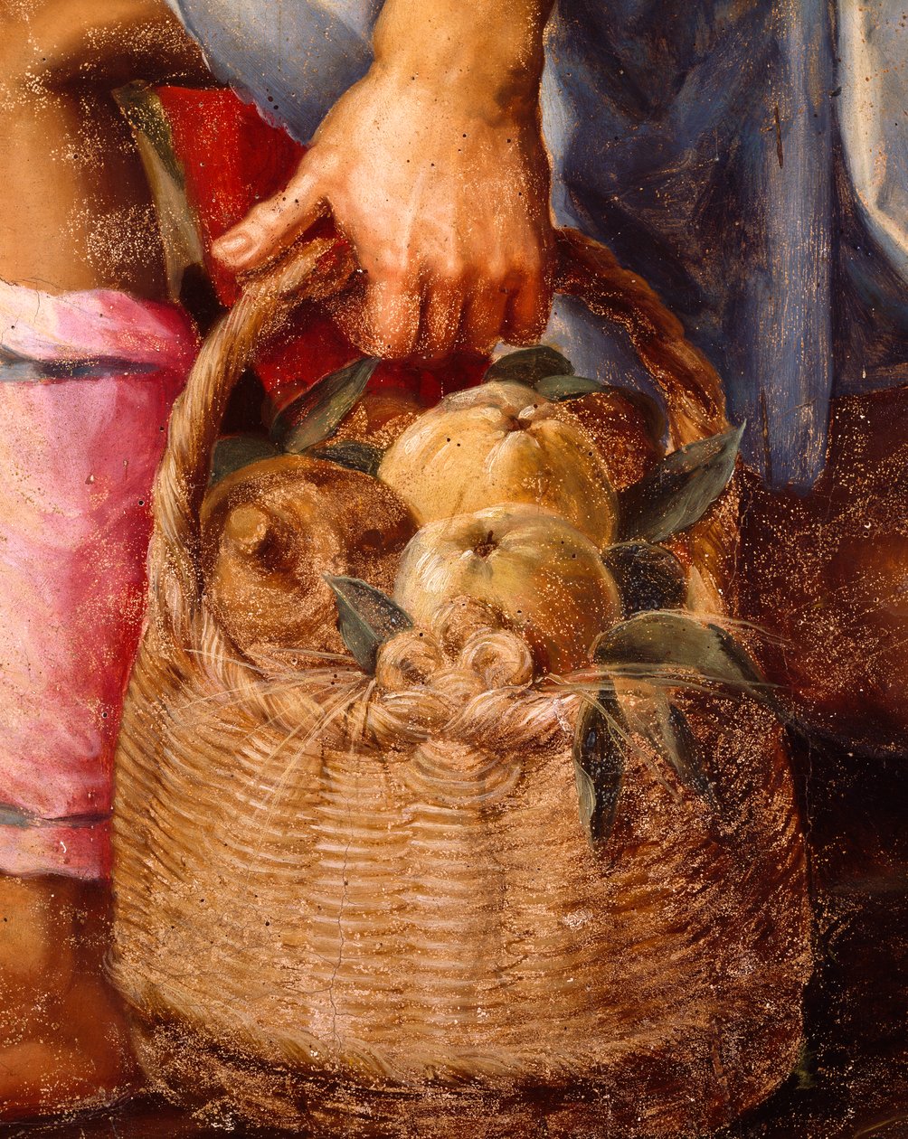 果物のバスケット、Peter Candid (1548-1628) による Adoration of Shepherds の詳細、パネルに油彩、248x162 cm 作： ピーター (1548 1628) 率直