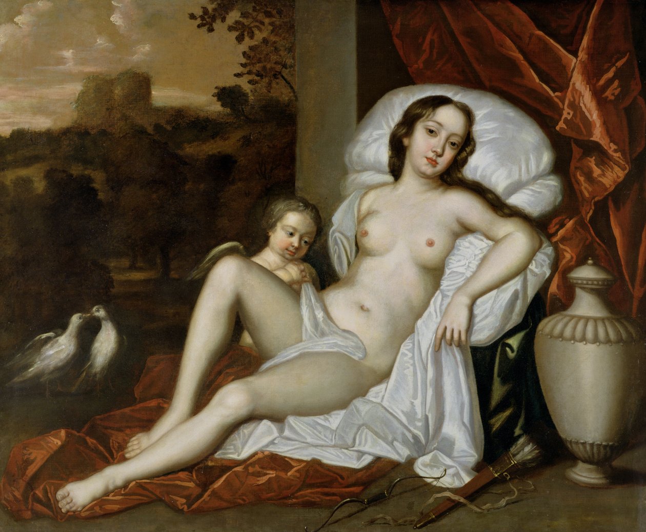 ビーナスとしてのネル・グウィン（1650-87）の肖像画と、キューピッドとしての息子のチャールズ・ボークラーク（1670-1726）（キャンバスに油彩） 作： ピーター（のフォロワー）レリー