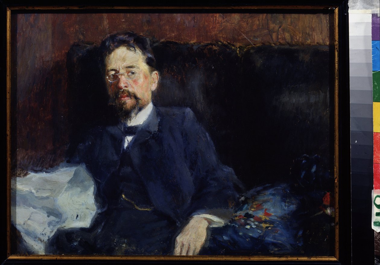 作家アントン・チェーホフ (1860-1904) の肖像 (作者 A. チェーホフの肖像)。 Pyotr Alexandrovich Nilus (Pierre Nilous) (Nilous) (1869-1940/1943) による絵画、キャンバスに油彩 作： ピーター・アレクサンドロヴィッチ・ニルス