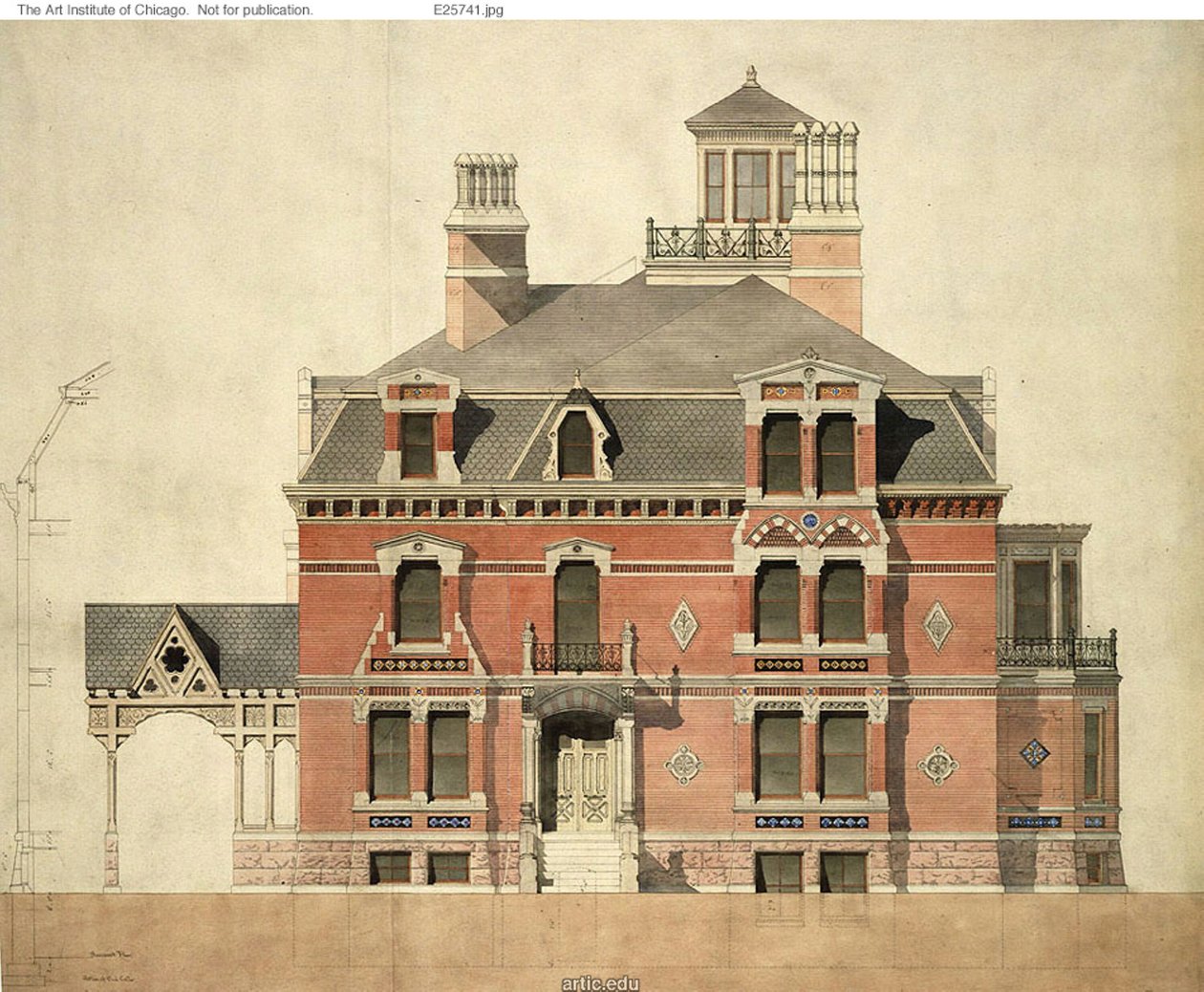 Eliphalet W. Blatchford 家、シカゴ、イリノイ州、LaSalle 通りの立面図と部分断面図 作： ピーターボネットワイト
