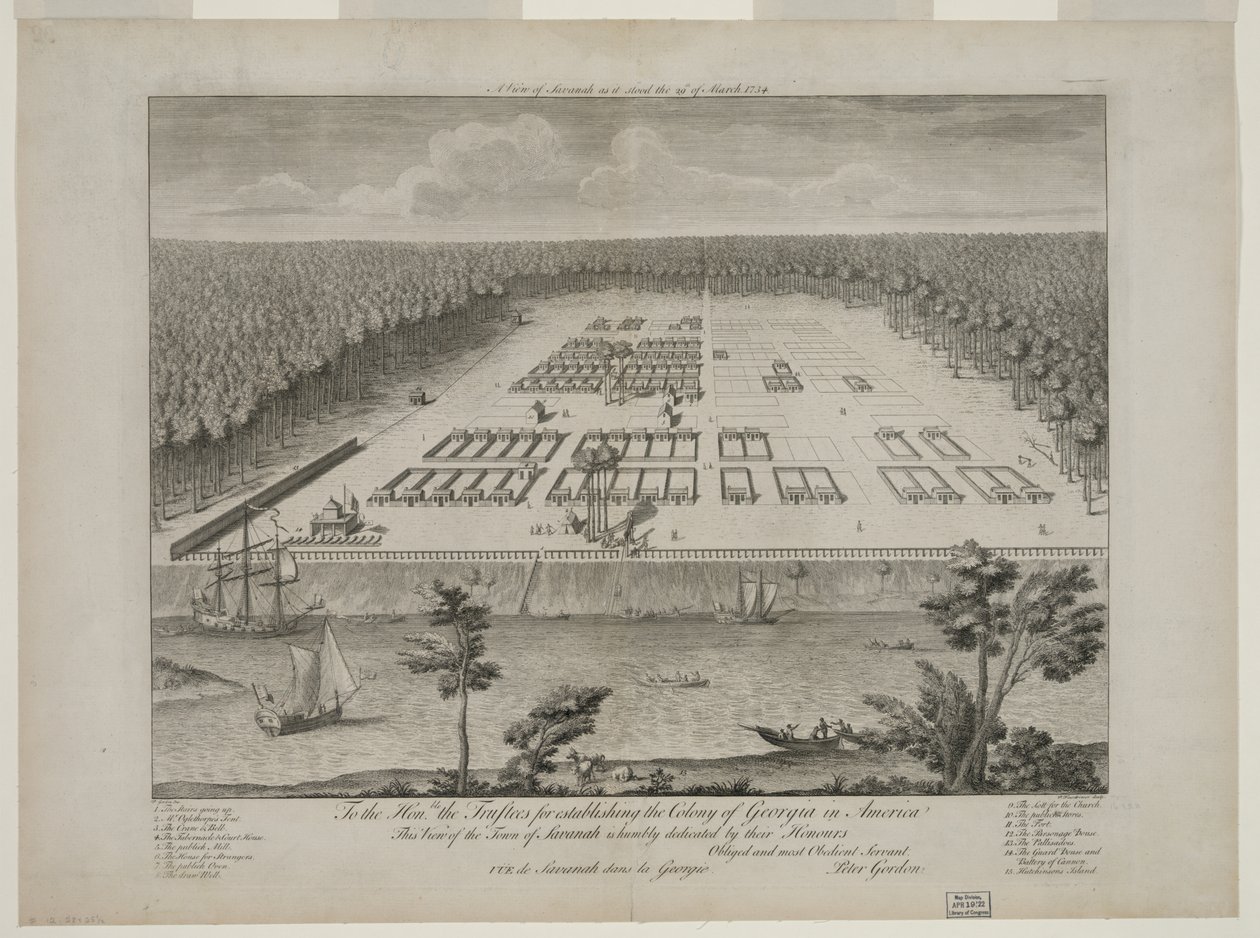 A View of Savannah as it stand on the 29th March 1734, engraved by P. Fourdrinier, London, c.1735 (carving) 作： ピーターゴードン