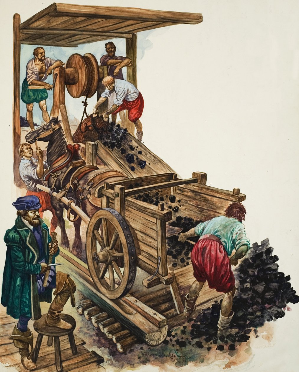 坑夫が荷車に石炭を積み、他の坑夫がさらに石炭を地上に積み上げる。 作： ピータージャクソン