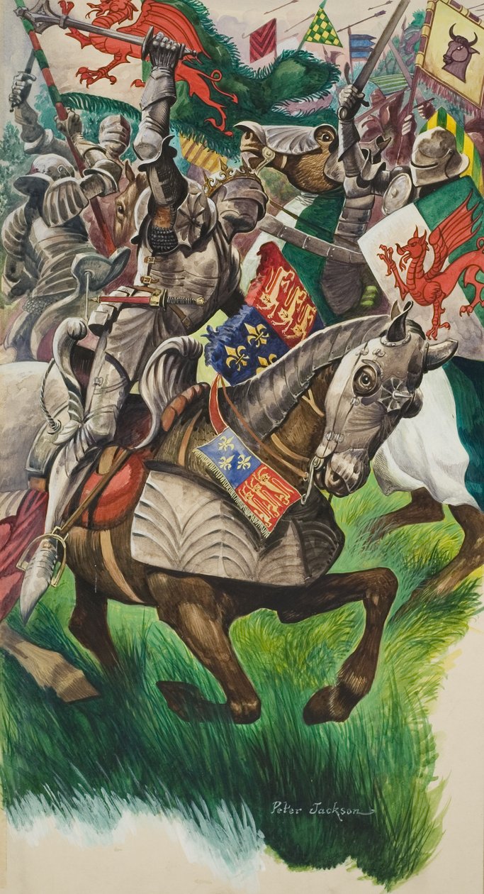 1485年、マーケット・ボスワースの戦場でのリチャード王（1452-85）とヘンリー・チューダー（1457-1509）（紙にグワッシュ） 作： ピータージャクソン