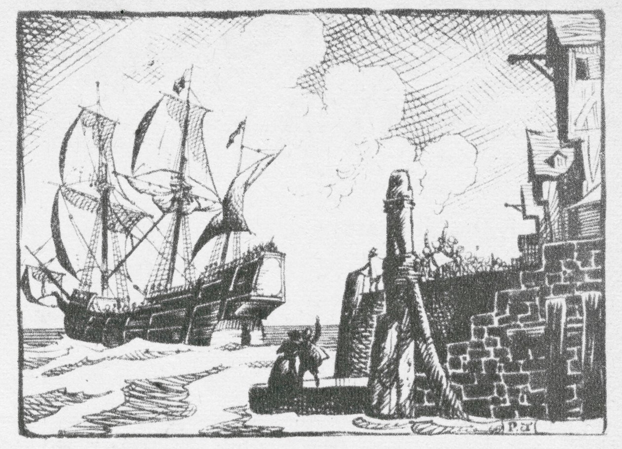 1620年、サウサンプトンを出航するメイフラワー号（リトグラフ） 作： ピータージャクソン