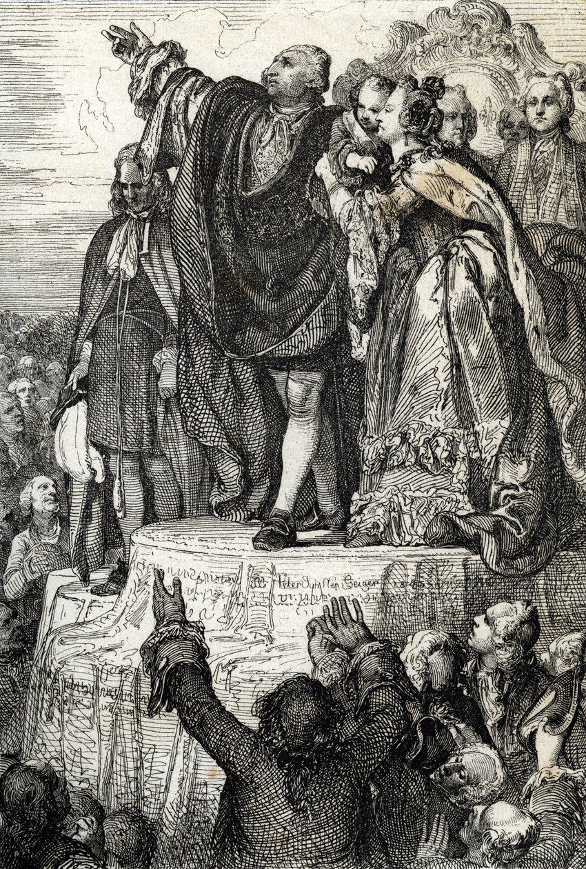 Celebração da Primeira Federação Nacional em 14 de julho de 1790 no Altar da Pátria em Champs-de-Mars, por ocasião do primeiro aniversário da tomada da Bastilha: o rei Luís XVI, cercado por sua família prestando juramento no constituir 作： ピーター・ヨハン・ネポマック・ガイガー