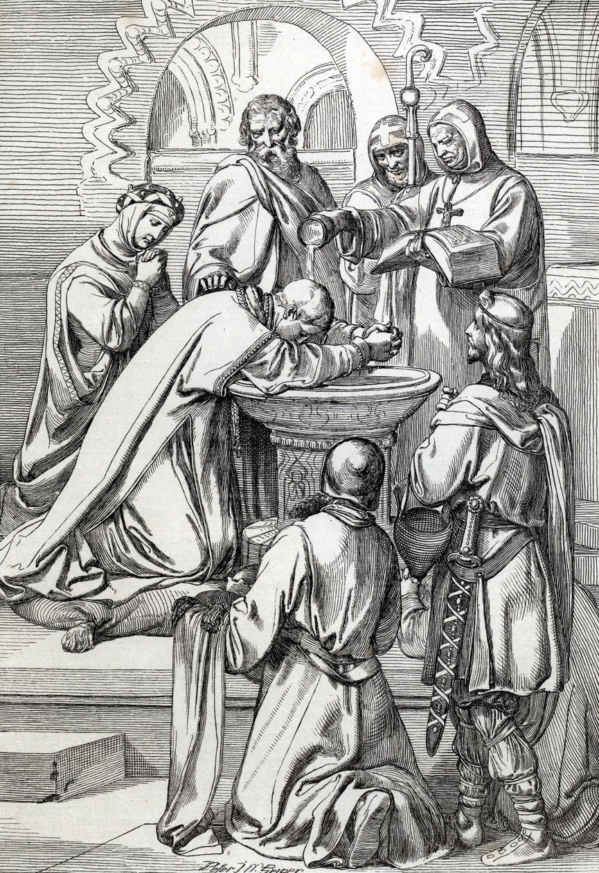 Representação de Santo Agostinho de Canterbury (falecido em 604), enviado à Inglaterra pelo Papa Gregório Magno em 596 para converter os anglo-saxões - Ele está aqui antes de Ethelbert, rei anglo-saxão de Kent (552? -616) que ele batizou em 597 (Agostinho, 作： ピーター・ヨハン・ネポマック・ガイガー