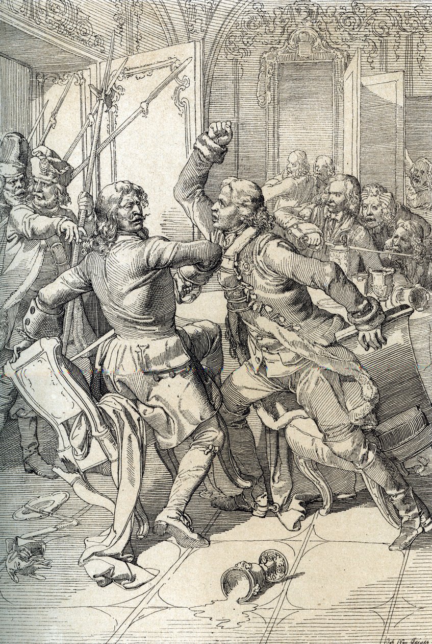 Revolta de Streltsy: prisão de membros dos regimentos de Streltsy (strelets) após seu levantamento em 1698 contra inovações progressivas do czar Pedro, o Grande, Rússia (Revolta de Streltsy: supostos membros dos regimentos Streltsy de Moscou presos após St 作： ピーター・ヨハン・ネポマック・ガイガー
