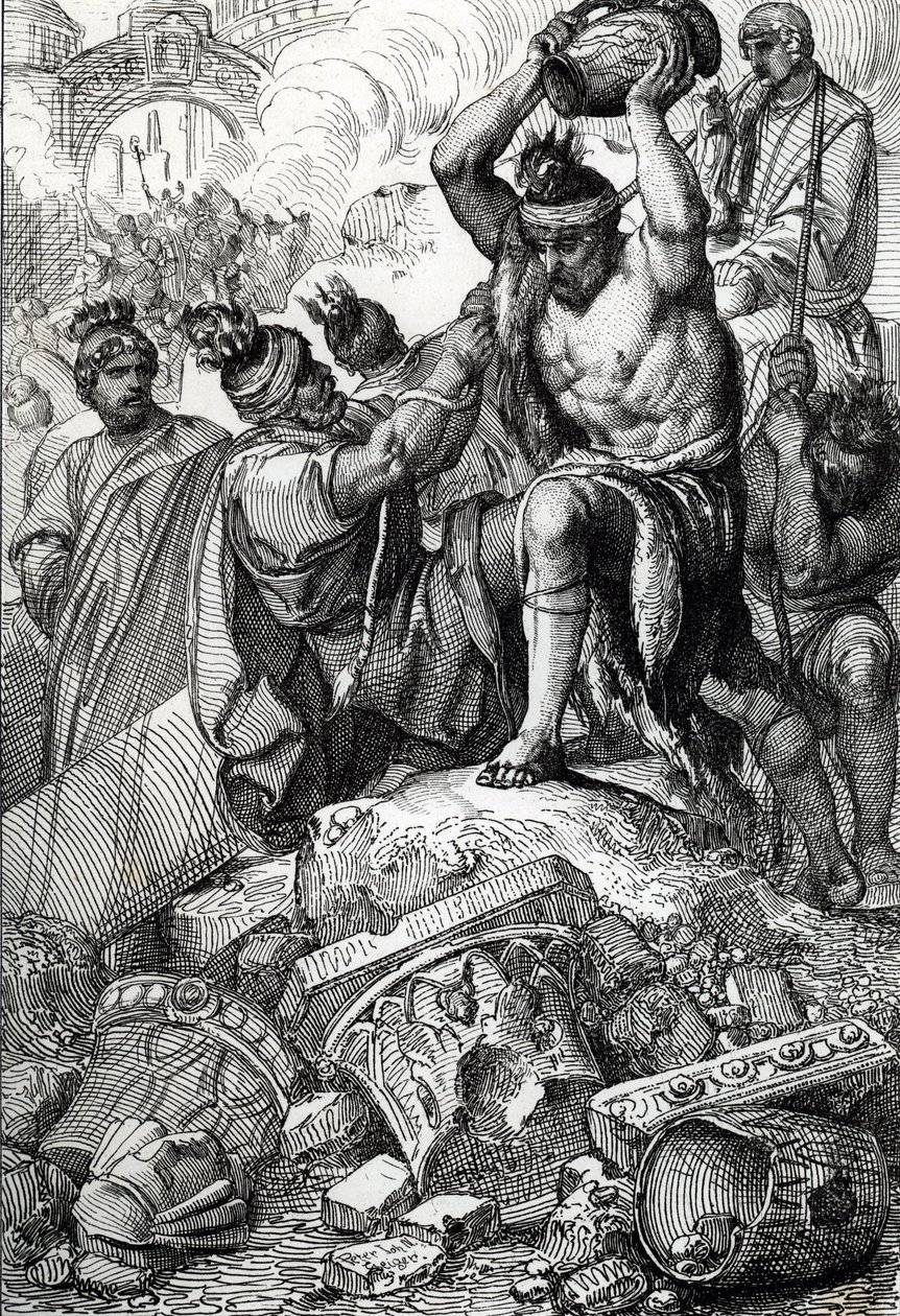 The bag of Rome (Italy), in 410, in the city from the city from Alaric (370-410) (370-410) (皇帝ホノリウスの治世中の 410 年に Alaric I 率いる Visigoths によるローマの袋) Drawing 「Historische Memorabilian des In- 作： ピーター・ヨハン・ネポマック・ガイガー