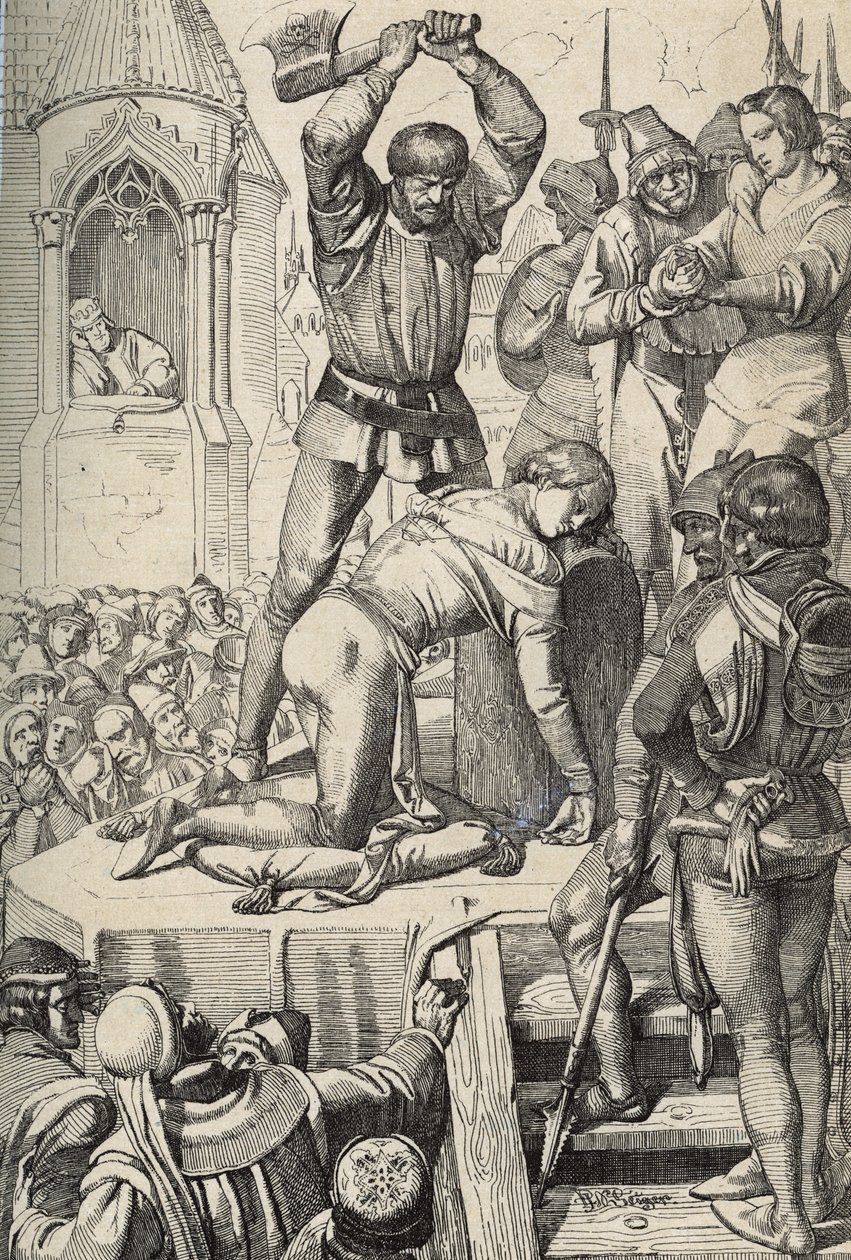 Sisilian kuninkaan Conradinin (tai Conrad of Hohenstaufenin) ja Swabian herttuan (1252-1268) teloitus Charles Anjoun käskystä Tagliacozzon taistelun jälkeen vuonna 1268 (Conradinin (tai Conrad nuoremman), viimeisen Stauferin kuninkaan teloitus Sisilia, per 作： ピーター・ヨハン・ネポマック・ガイガー