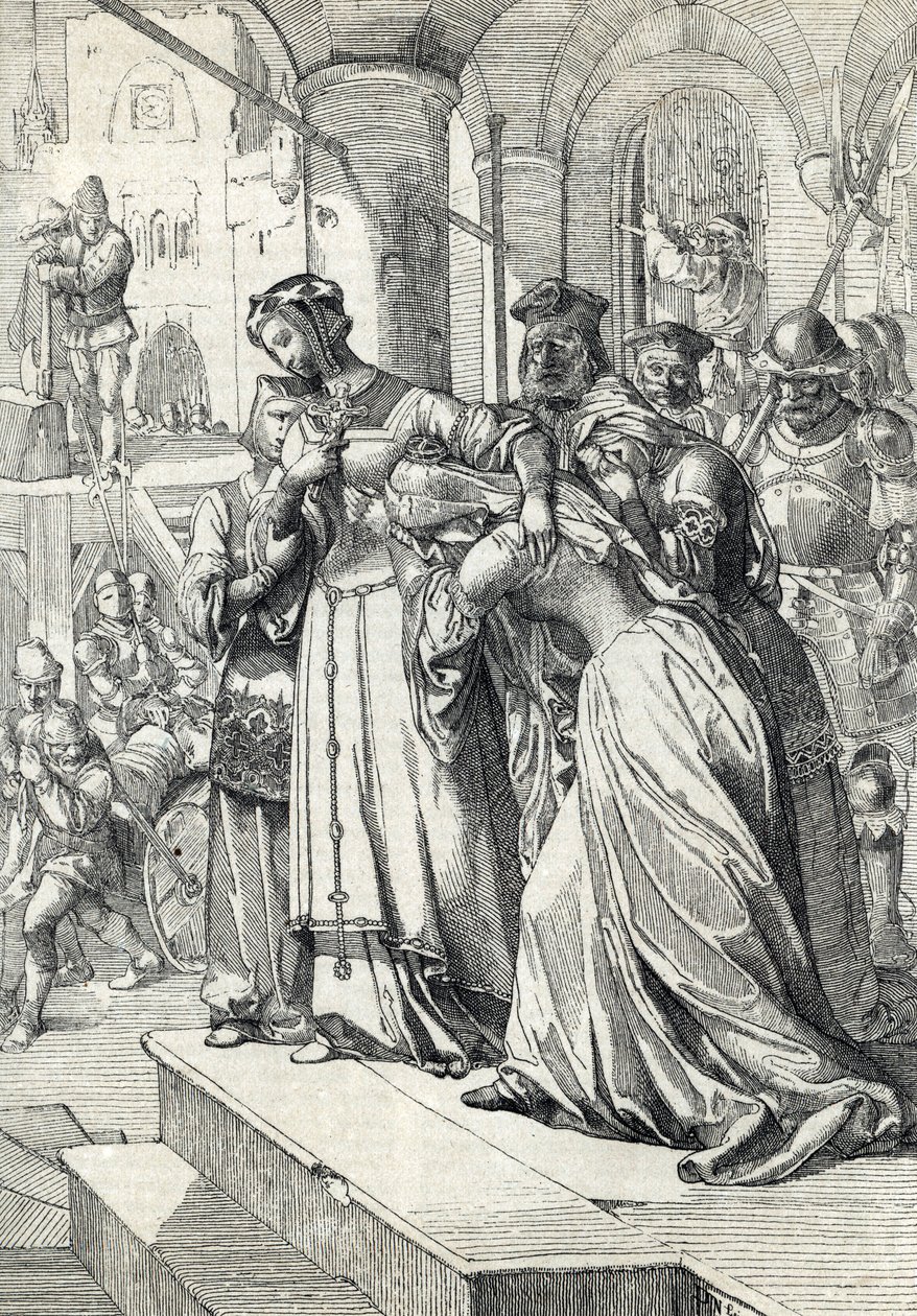 レディ ジェーン グレイ (ジャンヌ グレイ) (1537-1554) の処刑 ジェーン グレイは 1554 年にロンドン塔で処刑された (レディ ジェーン グレイの処刑) アントン ジーグラーの「Historische Memorabilian des In-und Auslandes」の羽 作： ピーター・ヨハン・ネポマック・ガイガー