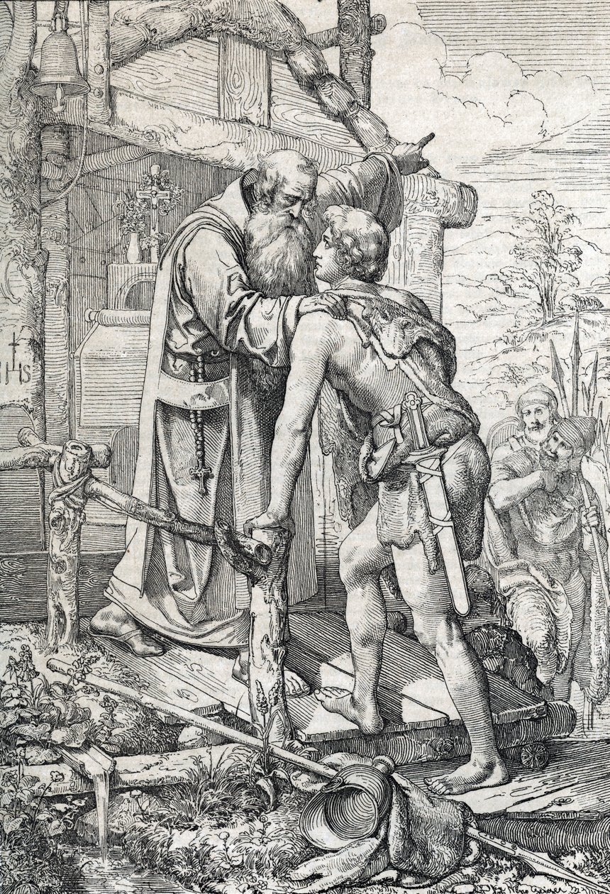 O jovem Odoacre (ca. 433-493) recebendo a bênção de Severin, Apotre de Norique, ca. 470 (Odoacro conhece o monge Severinus de Noricum, que descobre que um dia ele se tornaria famoso, 470 ca) Desenhando uma caneta desenhada de “” Historische Memorabilian de 作： ピーター・ヨハン・ネポマック・ガイガー