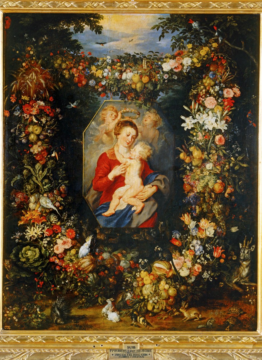 花と果実の花輪をつけた聖母子マリア... 作： ピーター・パウル＆ブリューゲル・ヤン（1601-78）ルーベンス