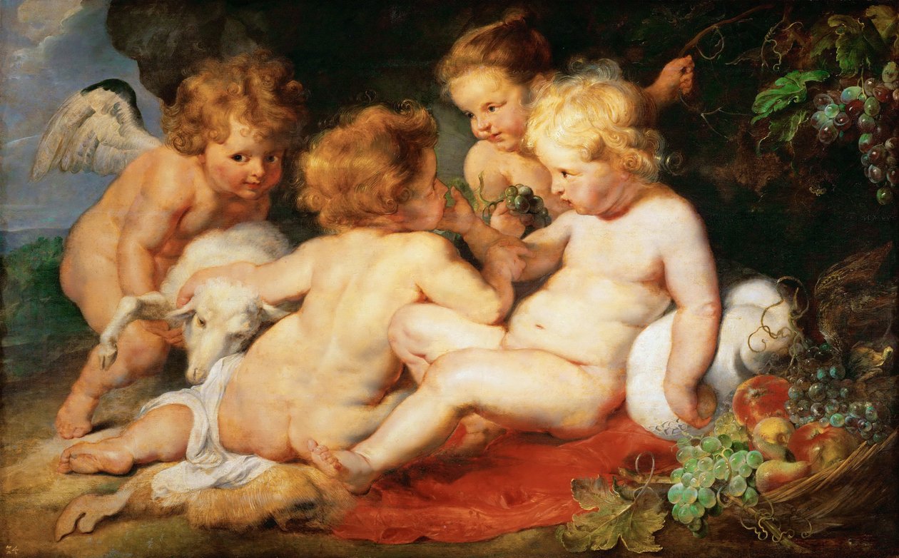 子供時代のキリストと洗礼者ヨハネ、2人の天使 - ピーテル・パウル・ルーベンス（1577-1640）。木に油彩、1615-1620年頃。寸法：76,5x122,3 cm。ヴィエンヌ美術史博物館 作： ピーター・ポール・ルーベンス