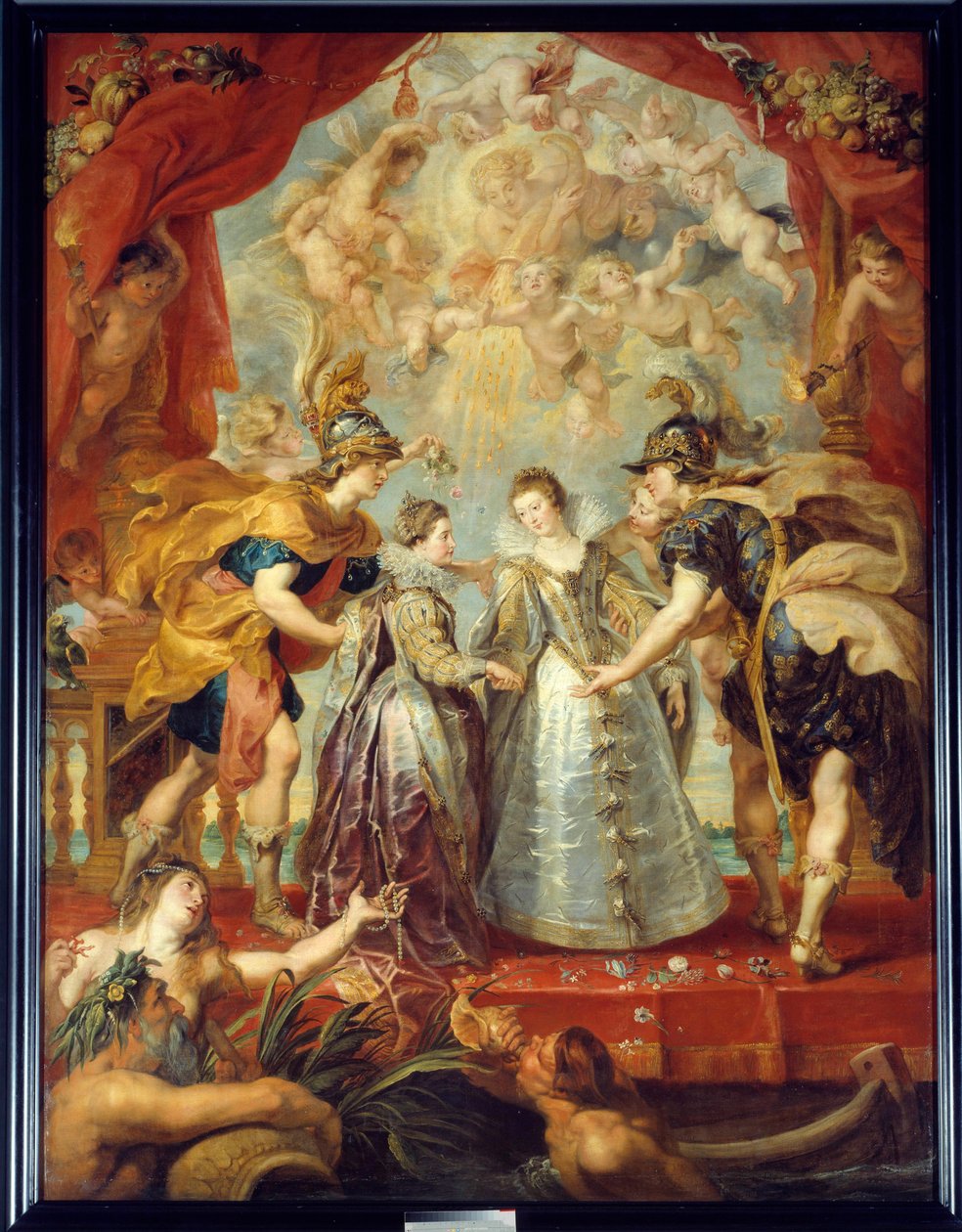 1615年9月11日、ヘンダイのビダソア川におけるフランスとスペインの二人の王女の交換 オーストリアのアンヌとルイ13世の結婚、フランスのイザベラ（1602-1644）とフィリップ4世の結婚を寓意的に表現したもの。 作： ピーター・ポール・ルーベンス