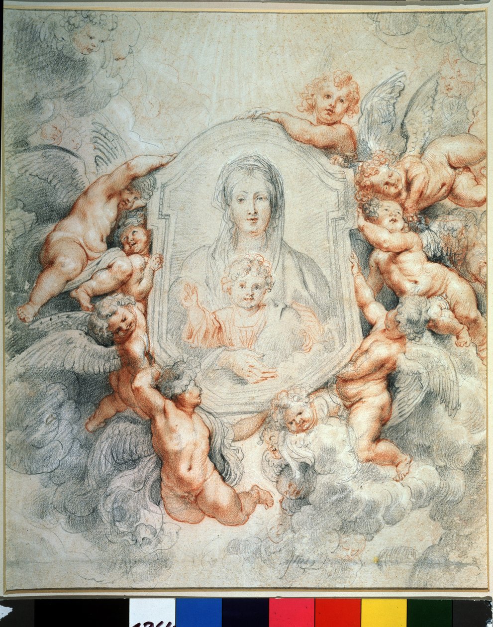 天使に愛された聖母子 (天使に愛されたマドンナ、Madonna della vallicella) 絵の中の絵。 Peter Paul (Pierre-Paul) Rubens (または Peter Paul または Petrus Paulus) (1577-1640) による描画。 紙にチョークと赤チョーク、40.4 x 37 cm 作： ピーター・ポール・ルーベンス