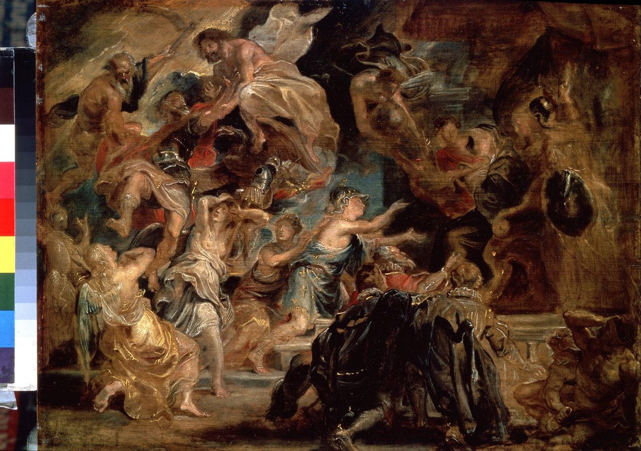 ヘンリー 4 世 (1553-1610) の死と摂政の宣言 (ヘンリー 4 世の死と摂政の宣言)。 Peter Paul (Pierre-Paul) Rubens (または Peter Paul または Petrus Paulus) (1577-1640) による絵画。 木に油彩、48 x 65 cm 作： ピーター・ポール・ルーベンス
