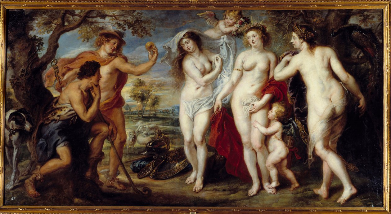 パリスの裁き 羊飼いのパリスは、アテナ、アフロディーテ、ヘラの3人の女神の中で最も美しい人をデザインするために、誰に黄金のリンゴを渡すかを選ばなければなりません。ピエール・ポール（Pierre-Paul）・ルーベンス（またはPeter PaulまたはPetrus Paulus）（1577-1640）の絵画 作： ピーター・ポール・ルーベンス