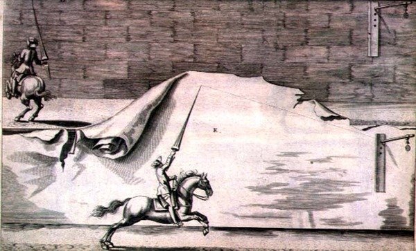 Winters、Stuterey、Reit-Schulが執筆した「New Treatise for Breeding Horses」より、槍を持って訓練する2人の騎兵。1672年の刻印 作： ピーターポールトロシェル