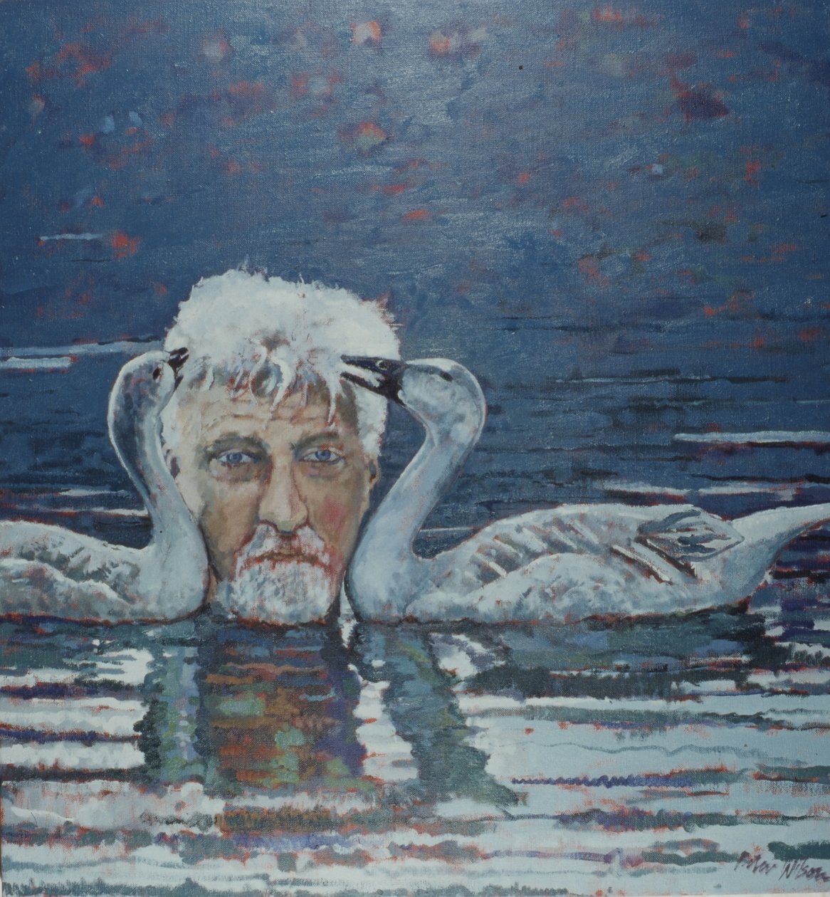 Conrad Lorenz with Goslings, 2000（キャンバスに油彩） 作： ピーター・ウィルソン
