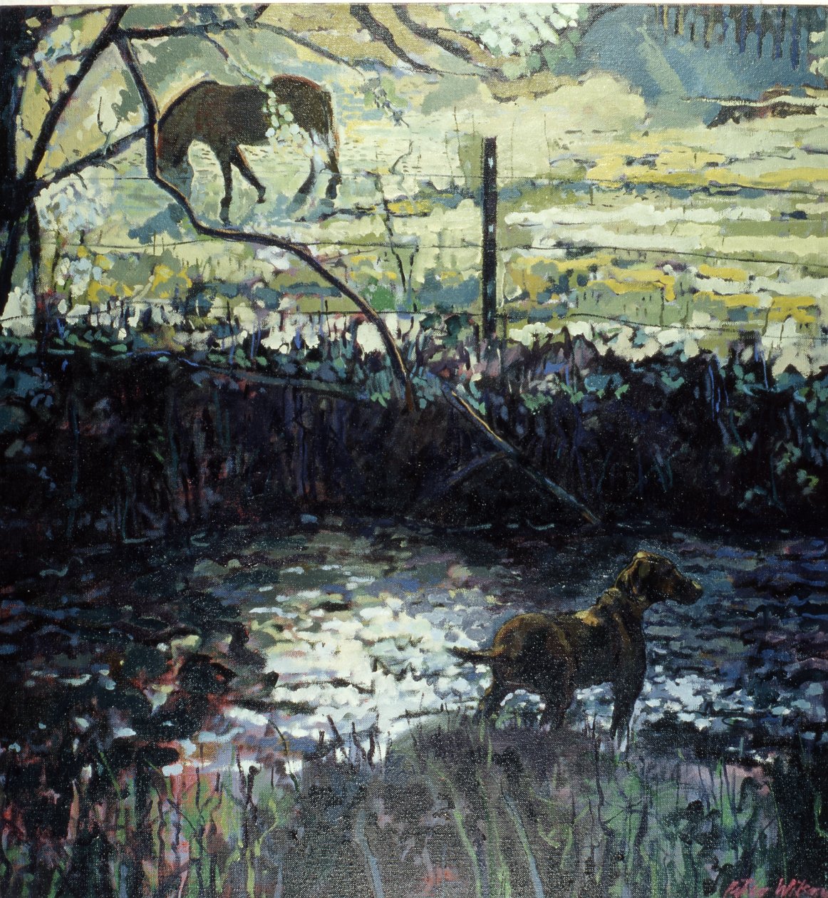 野原のポニーと犬、2000年（キャンバスに油彩） 作： ピーター・ウィルソン