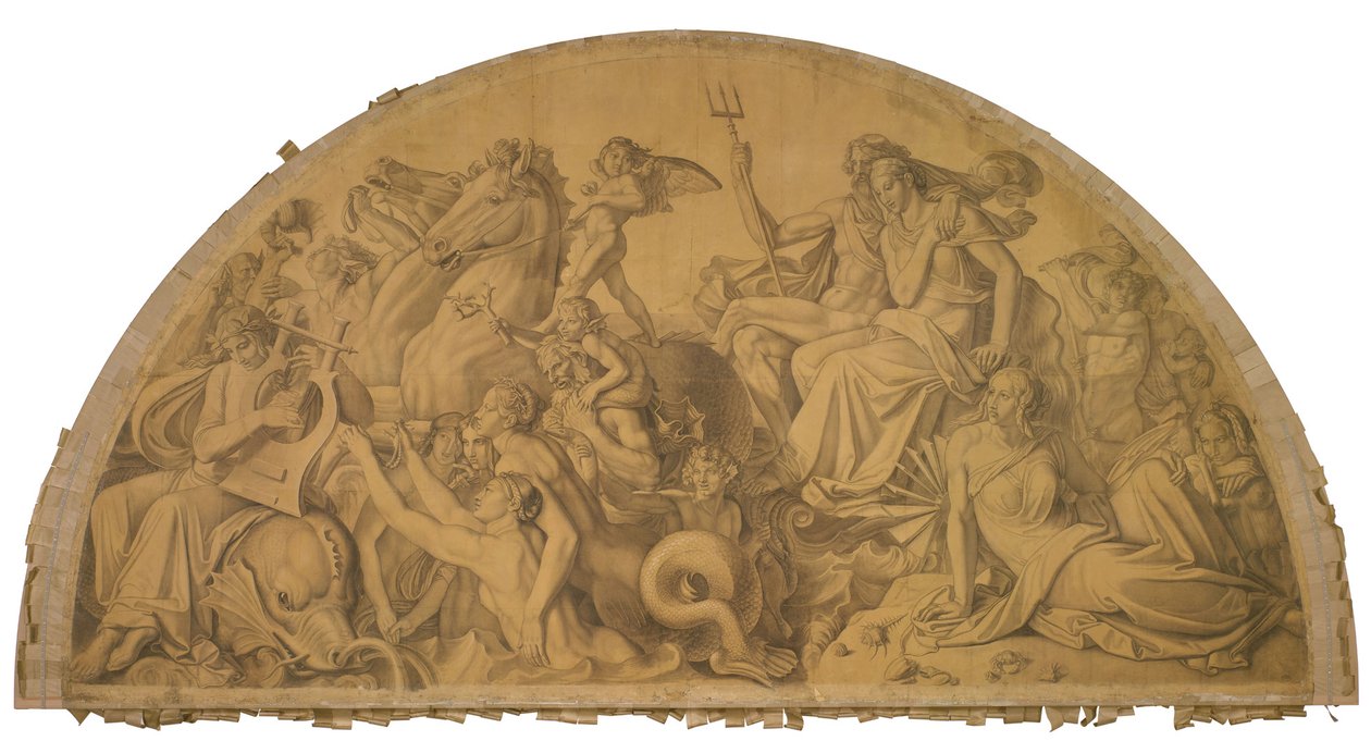 Die Wasserwelt lauscht dem Leierspiel des Arion, Bogenfeld. Karton zu den Deckenbildern der Münchner Glyptothek 作： ピーター・フォン・コーネリアス
