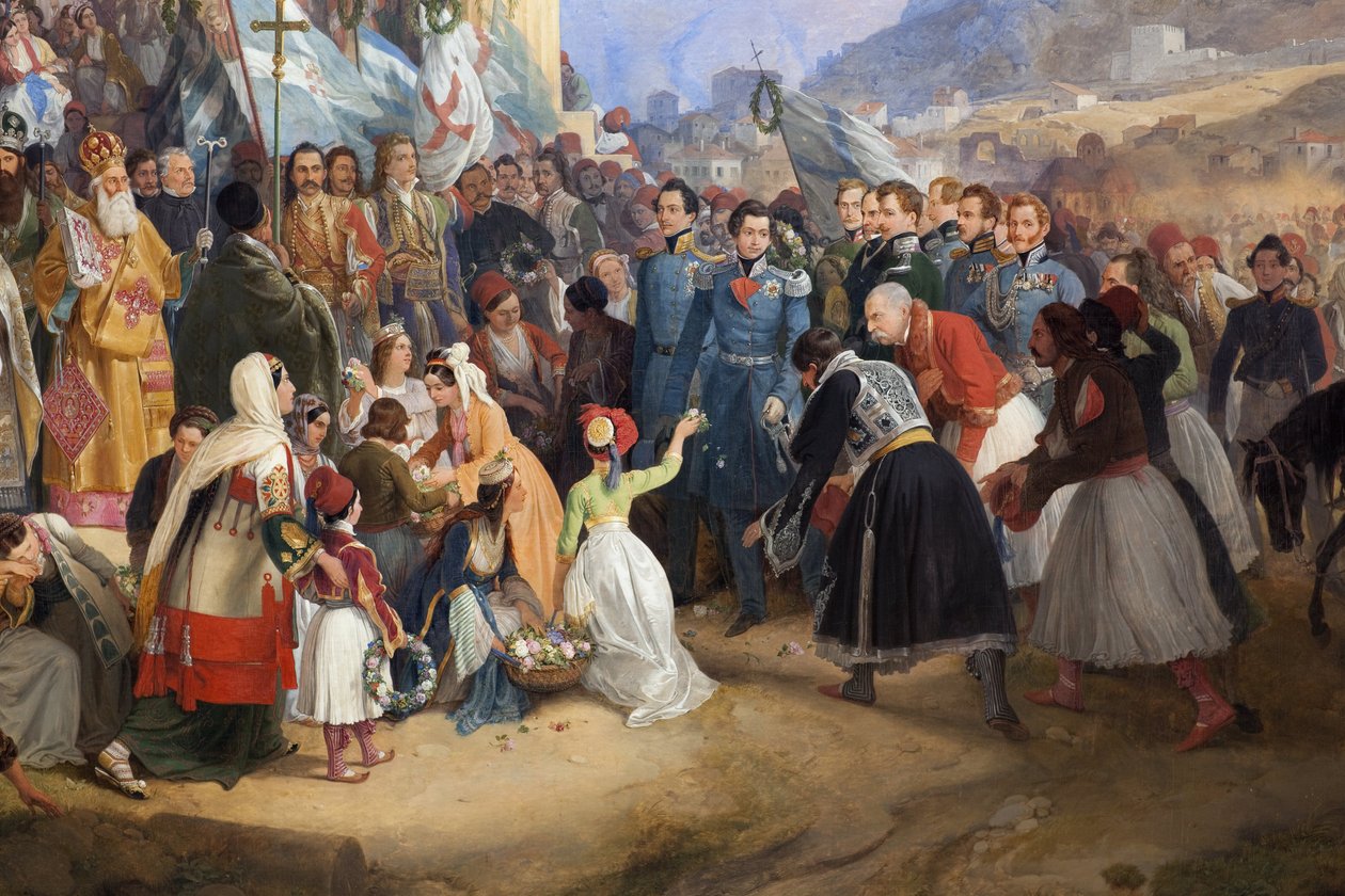 ギリシャ王オトン1世（1815-1876）がアゴラのヘパイストス神殿（Hephaisteion）（ヘパイストス）またはテセイオンの前で群衆に迎えられてアテネスに入場した時の様子（ギリシャ 作： ピーター・フォン・ヘス