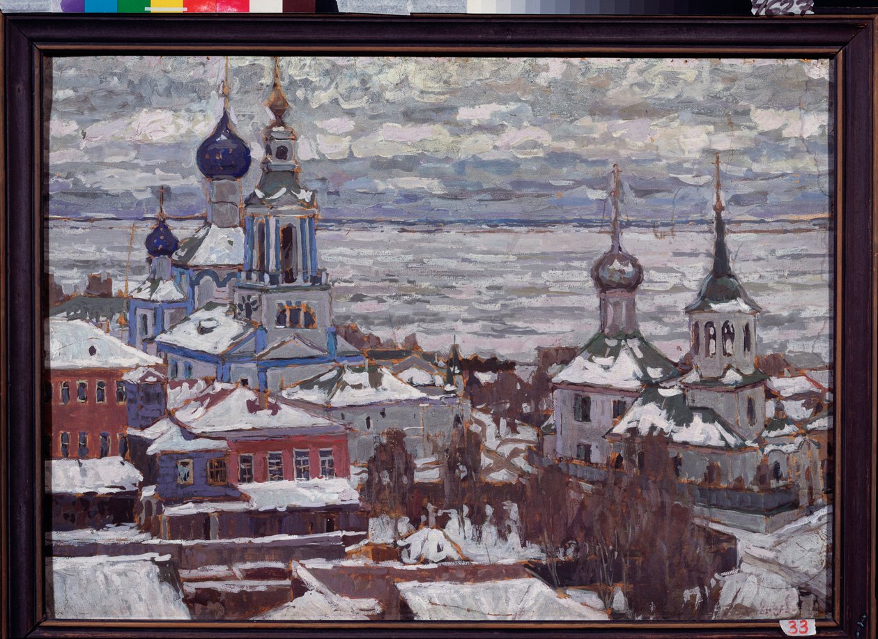 冬のロストフ (ロシア)。 Pyotr Ivanovich Petrovichev (Piotr Petrovichev) (1874-1947) の作品、段ボールにグワッシュとテンペラ 作： Petr Ivanovic Petrovichev