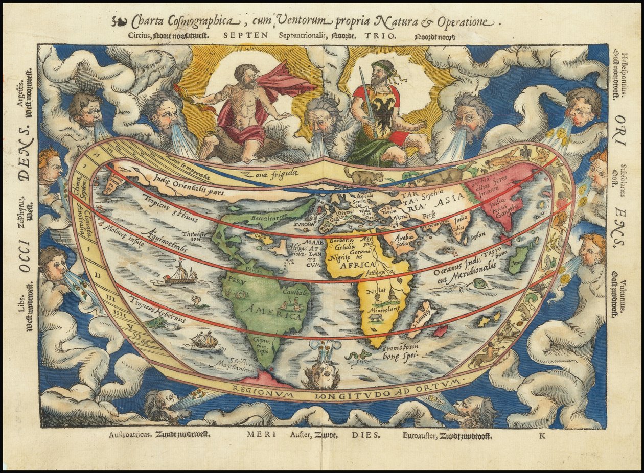 1553年の地図 - 宇宙地理憲章、自然界と運行に関する憲章 作： ピーター・アピアヌス