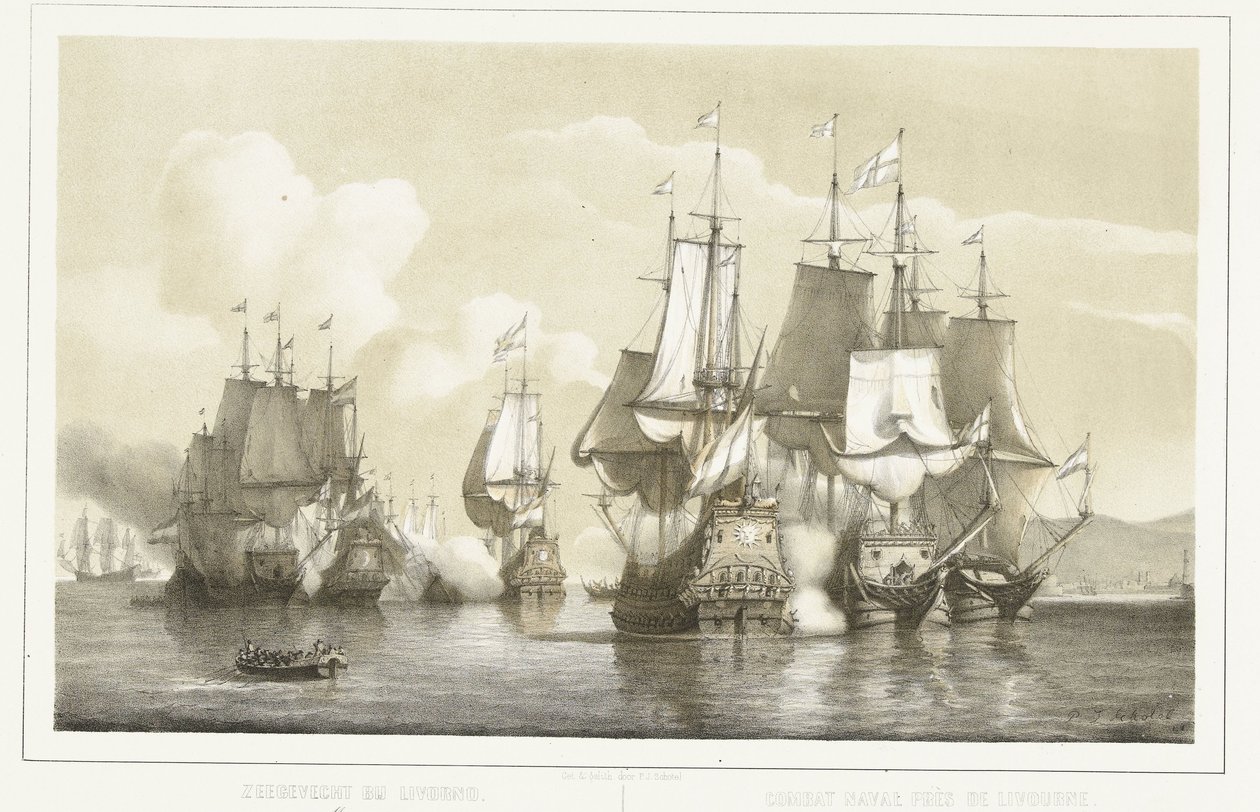 リヴォルノ海戦、1653年 リヴォルノでの海戦。 1653 年 3 月 14 日 / リヴルヌ海軍戦。 1653 年 3 月 14 日 (オブジェクトのタイトル) 作： ピーター ヨハネス ショーテル