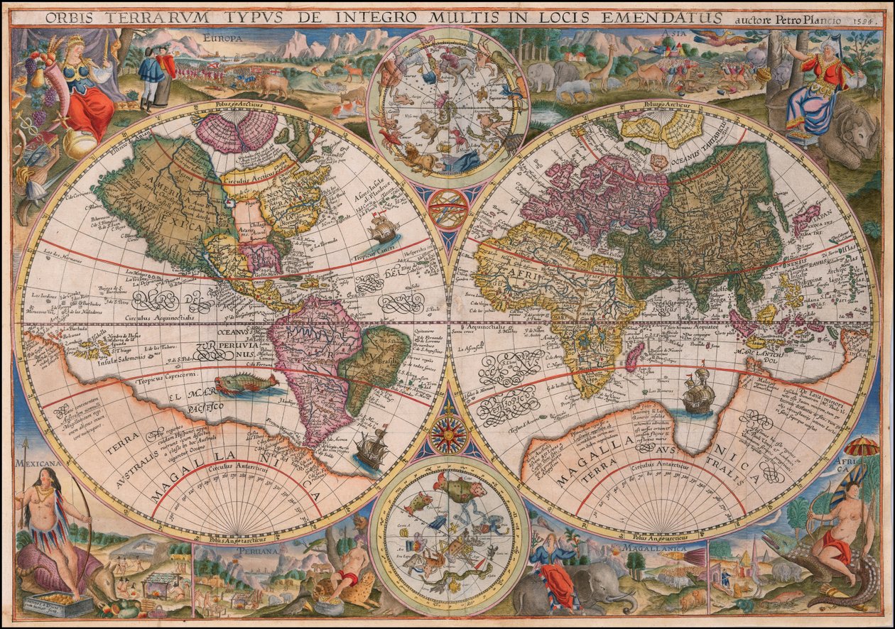 ペトルス・プランシウスによる1594年の二重半球世界地図 作： ペトルスプランシウス
