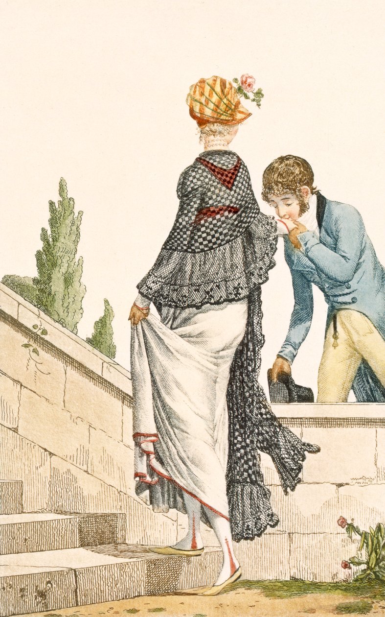 エレガントな女性のチェックケープ付きウォーキングドレス、1789年、「Modes et Manieres du Jour a Paris」のイラスト 作： フィリベール・ルイ・デビューコート
