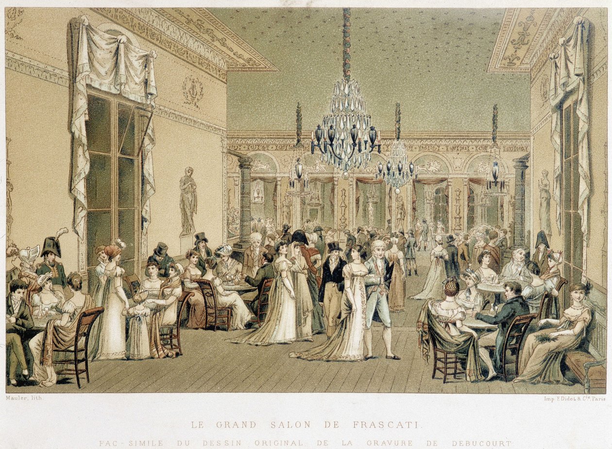 パリのグラン・サロン・ドゥ・カフェ・フラスカティ。リトグラフ：Philibert-Louis Debucourt (1755-1832) 作： フィリベール・ルイ・デビューコート