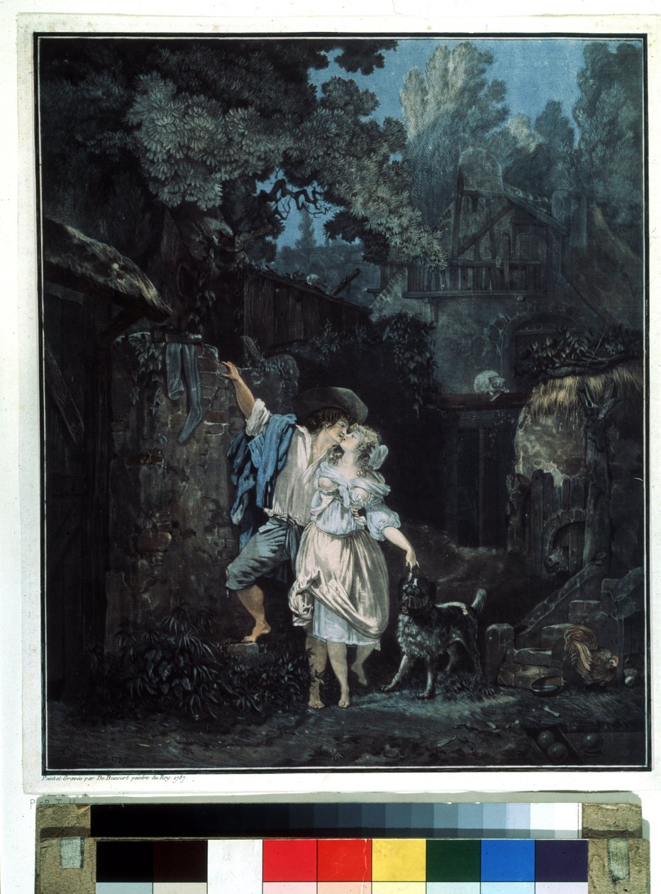 「お別れの朝」（お別れの朝） 早朝に出発するカップル。 Philibert Louis Debucourt (1755-1832) によるリトグラフ 1787年 プーシキン美術館 モスクワ 作： フィリベール・ルイ・デビューコート
