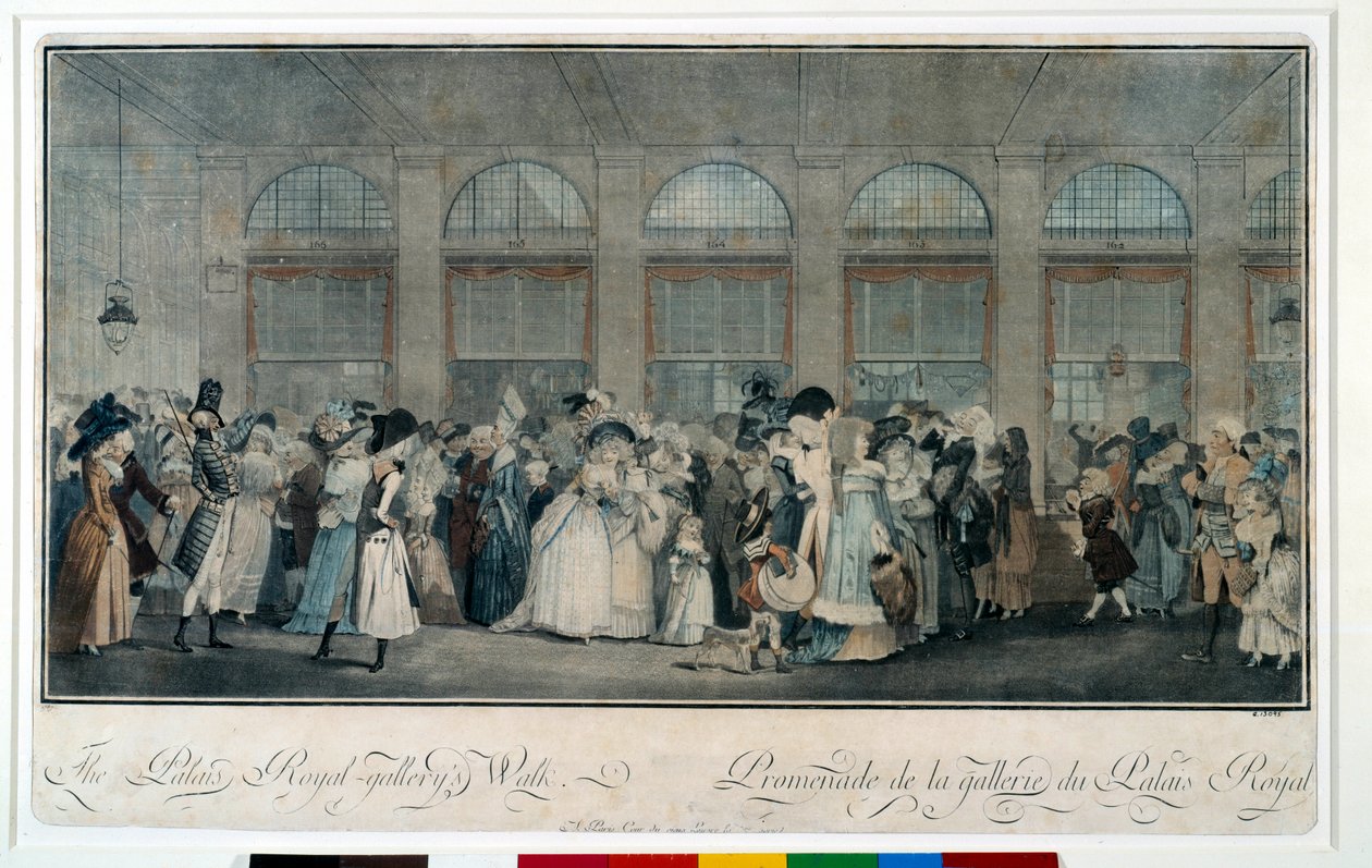 1787年の王宮の回廊を歩く。ルイ・フィリベール・ドゥビュクール（1755-1832）のエングレーヴィング 作： フィリベール・ルイ・デビューコート
