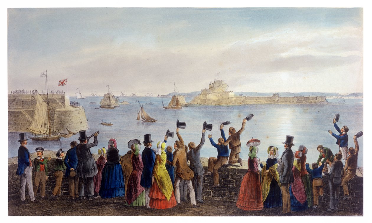 1847年にH.ウォルターによって刻まれた、1846年9月2日、セントオービンズベイに入るロイヤルスクアドロン、ビクトリア女王の訪問 作： フィリップ・ジョン・ウレス