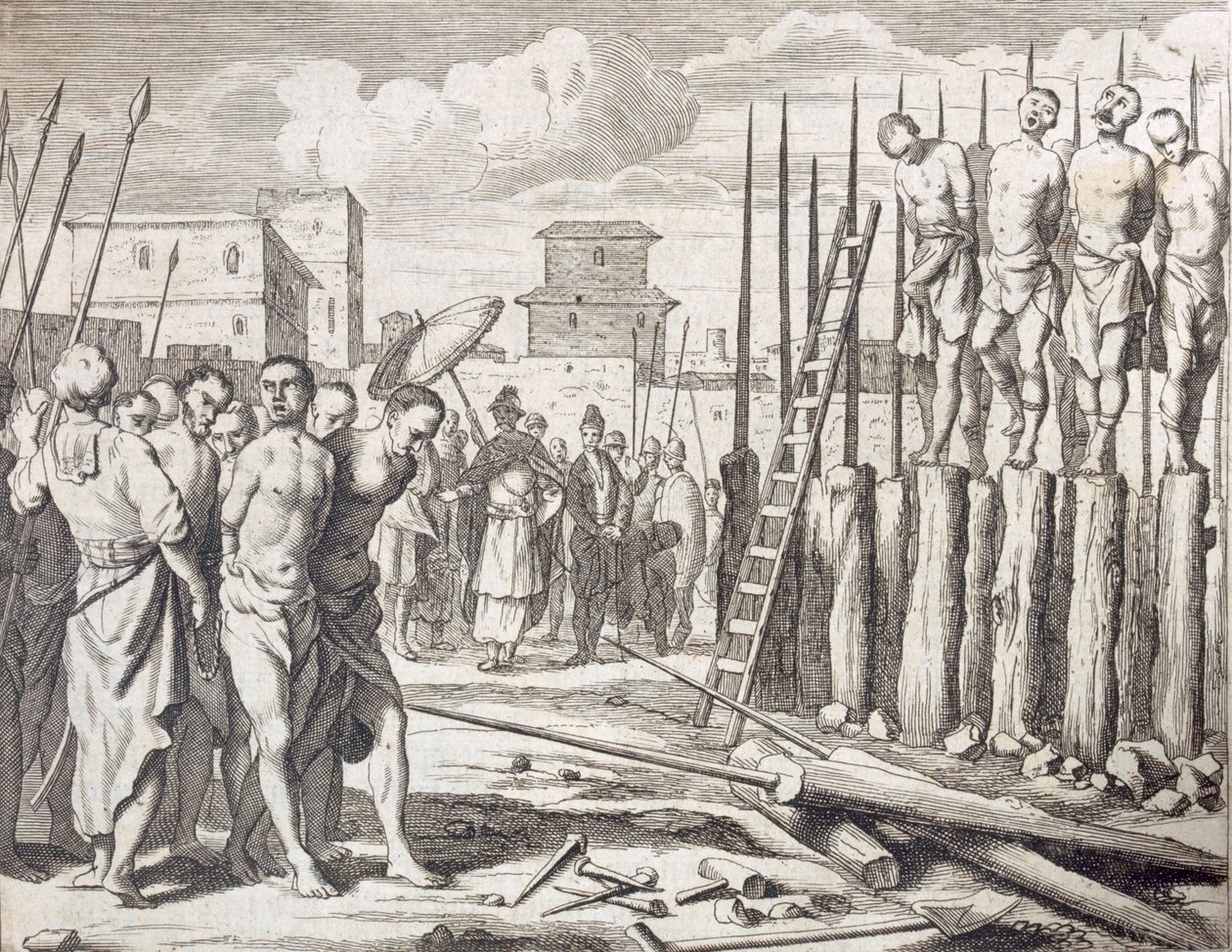いくつかの反逆者の串刺し、罰：串刺しによる虐殺、パブ。 1672年。 作： フィリップ・バルデウス