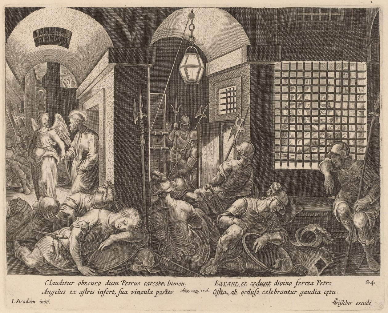 天使によって刑務所から救出された聖ペテロ 作： Jan van derStraetの後のPhilipGalle