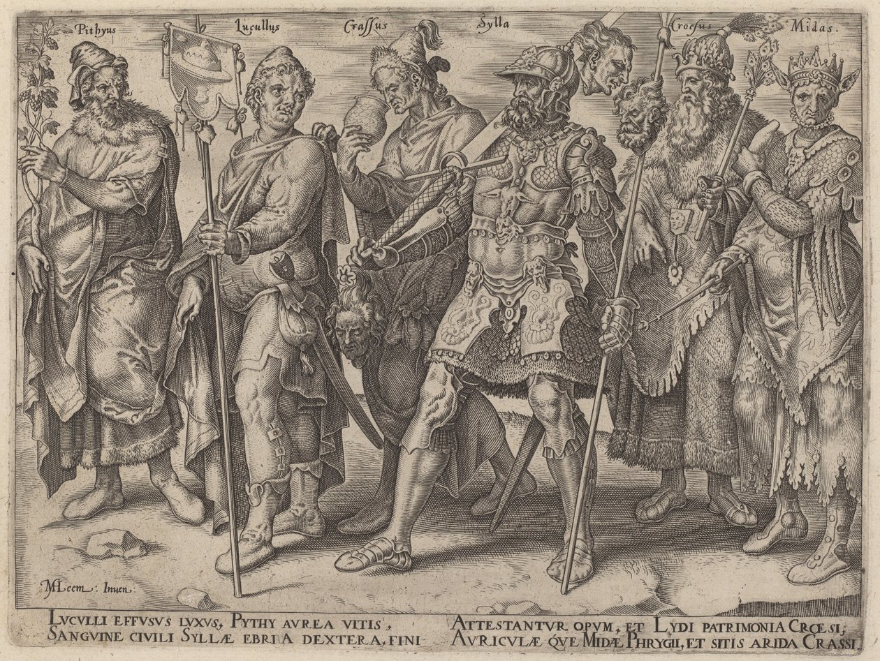 Pythius、Lucullus、Crassus、Sylla、Croesus、Midas (古代からの富の悪名高い例) 作： フィリップ・ガレ、マールテン・ファン・ヘムスケルクの後