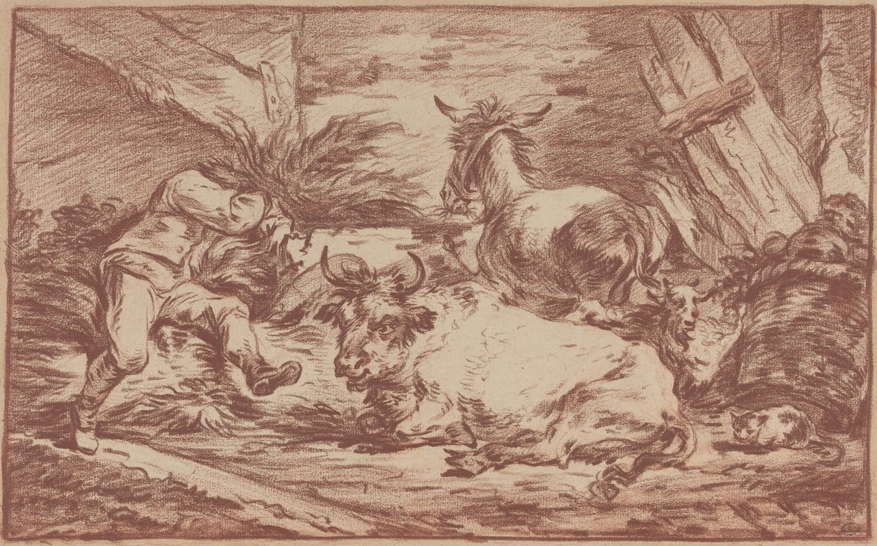 馬小屋の動物たち（敷紙に赤チョーク） 作： Philip James de (1740 1812) ラザブール