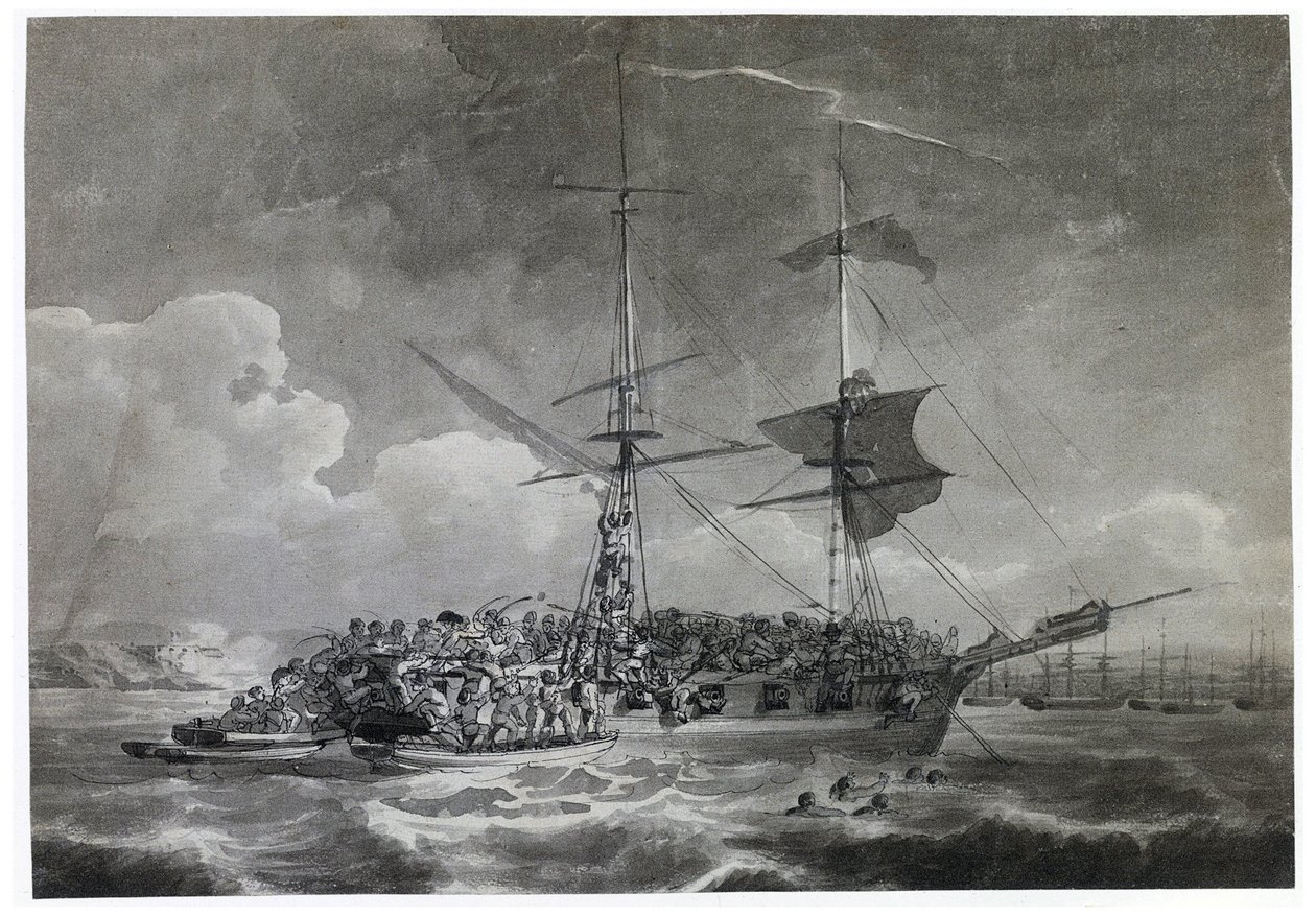 フランスのブリッグ（レンガ）、ラ・シュヴレットの肖像（不確か）。フィリップ・ジャック・ド・ルテルブール（1740-1812）の墨絵。 作： Philip James de (1740 1812) ラザブール