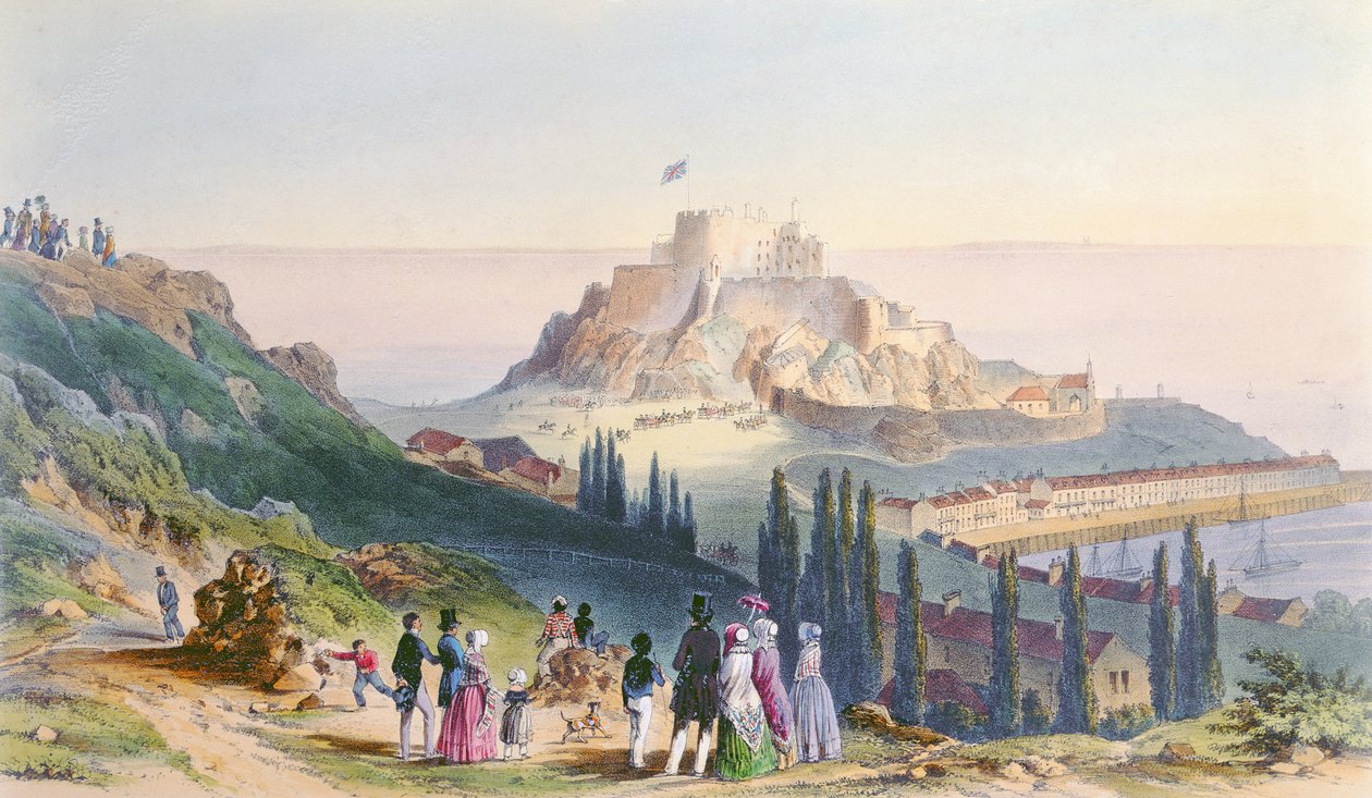 1847年にH.ウォルターによって彫刻された、ジャージーのビクトリア女王の訪問からの1846年9月3日、オルゲイユ山への陛下の到着 作： フィリップ・ジョン・ウレス