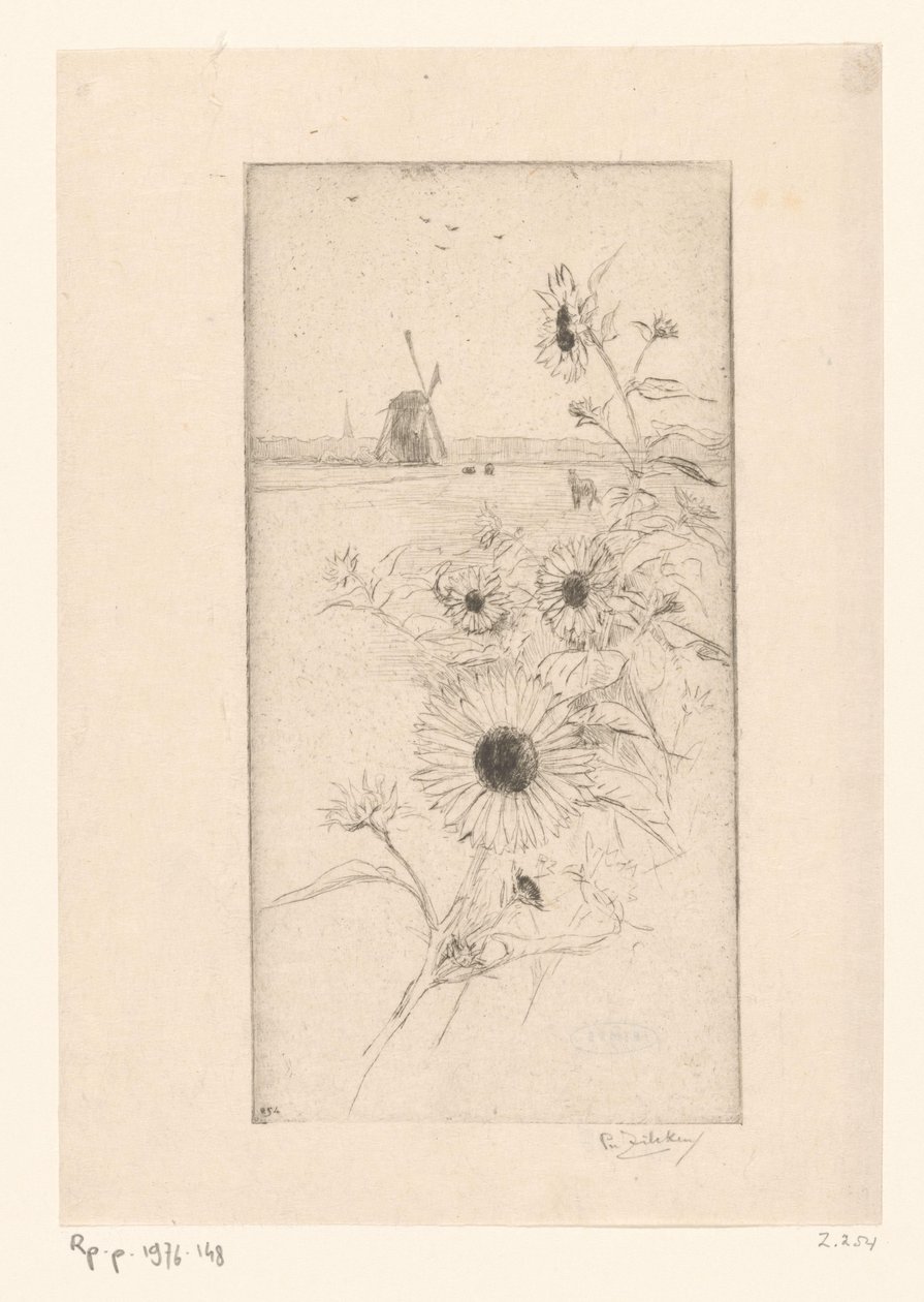 馬と風車のある牧草地の風景の前のひまわり Eutude de tournesols (原題) 作： フィリップ・ジルケン（アーティストによる署名）