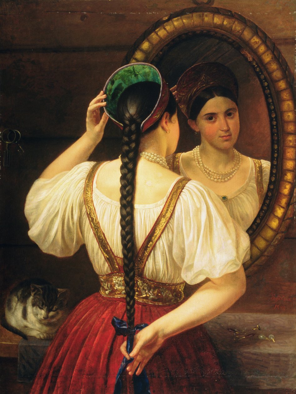 鏡を見る少女、1848 作： フィリップ・オシポビッチ・バドキン