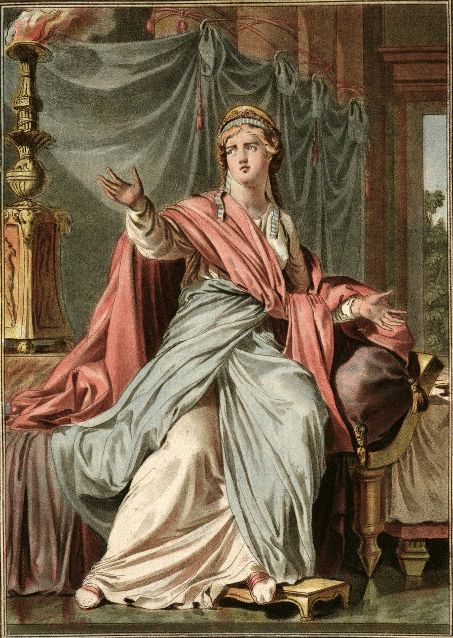 エステル、ジャン・ラシーヌの「エスター」の衣装、ピエール・ミシェル・アリックス（1762-1817）1802によって彫刻された「すべての国の衣装と劇場に関する研究」のボリュームI 作： フィリップ・チェリー