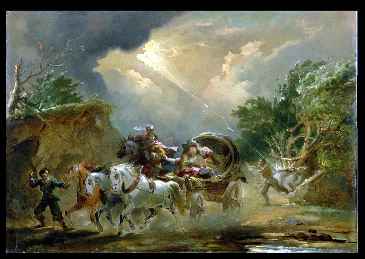雷雨のコーチ、1790年代（ミルボードに油彩） 作： フィリップ・ジャック・ド・ルーテルブール