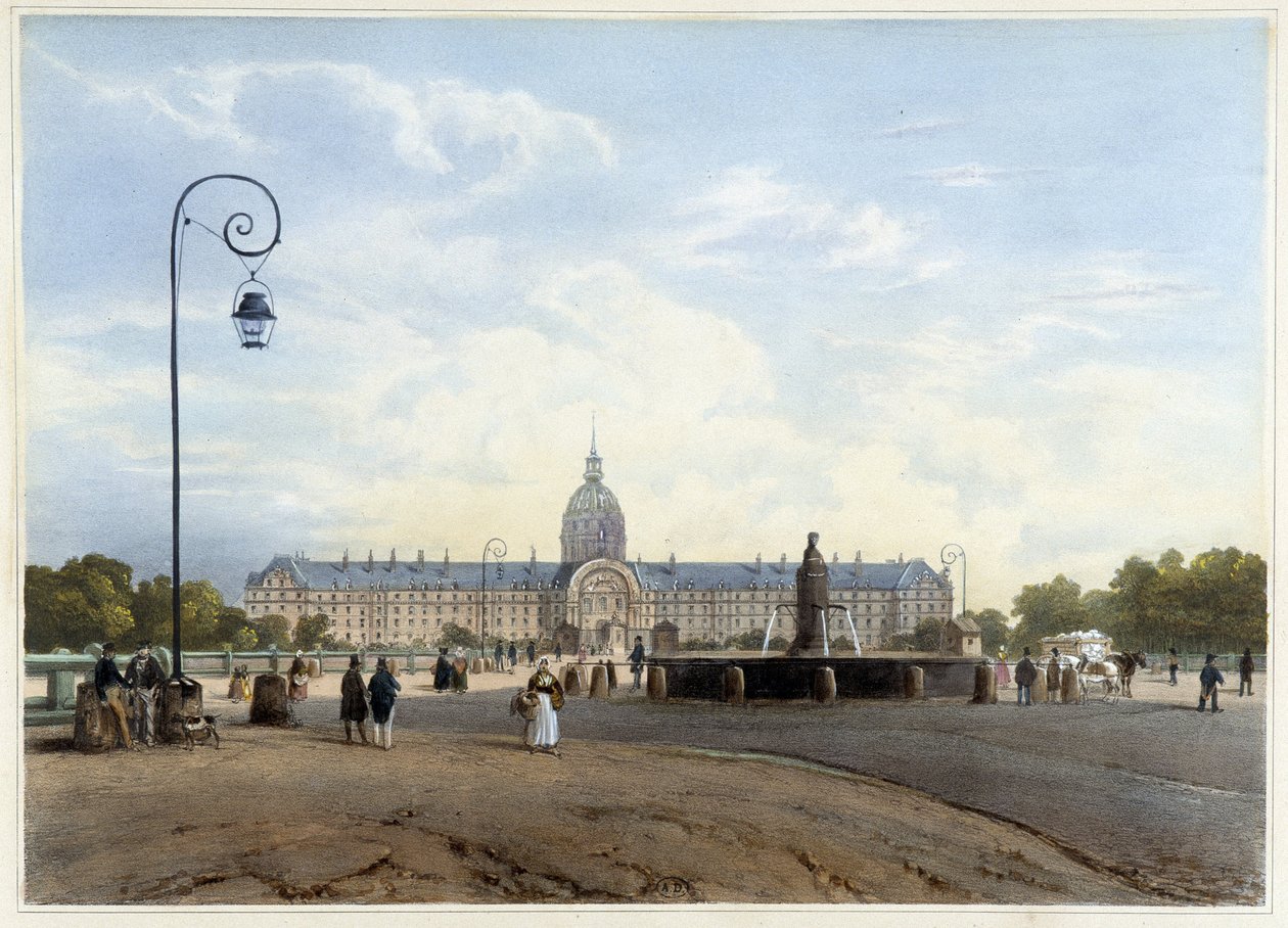 シャン・ド・マルスから見たアンヴァリッドホテル - ジャコテとブノワの『Promenade dans Paris et ses environs』（Gihaut編）による。 作： フィリップ・ブノア