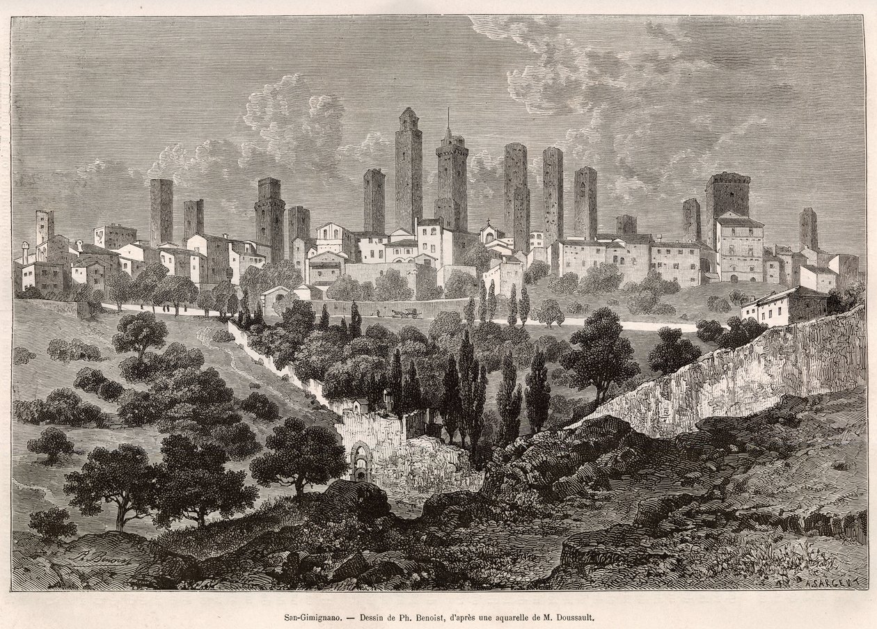 Ansicht von San Gimignano (Toskana, Italien). Gravur nach der Zeichnung von Ph. Benoist, zur Illustration der Reise in die Toskana und Umbrien, von Francis Wey, 1875, veröffentlicht in "Le tour du monde" 1876, herausgegeben von Edouard Charton, Hachette-Ed von Philippe Benoist