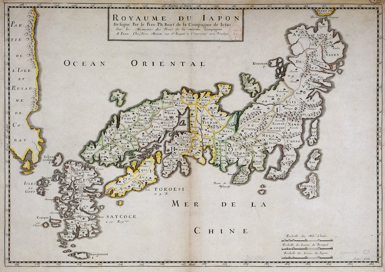 イエズス会士でフランス人学者のフィリップ・ブリエ神父 (1601-1668) が作成した日本の地図。 パリ、NL 作： フィリップブリエット